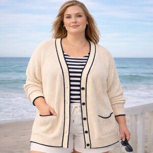 3X women's Cardigan/sweater button up knit white/navy stripe tennis prep preppy